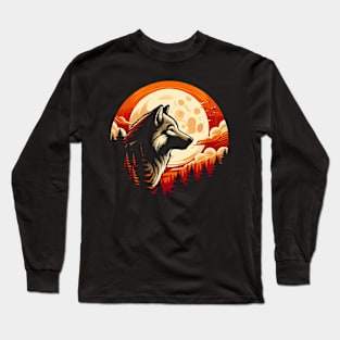 Wolf Against An Orange Forest Sunset Design Long Sleeve T-Shirt